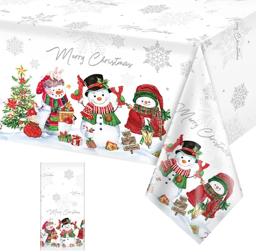 Miniatura 12 de FunnyPars 3 piezas manteles de muñeco de nieve navideños de plástico, cubierta de mesa de invierno con copos de nieve y árbol de Navidad