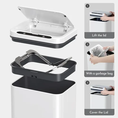 Miniatura 7 de ELPHECO Basurero de acero inoxidable para oficina, con sensor de movimiento, sin contacto, cubo de basura inteligente automático para cocina, Blanco