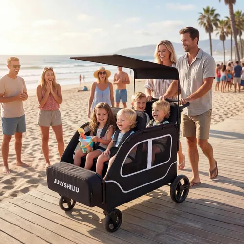Miniatura 6 de Cochecito grande de 4 plazas, 2, 3, niños pequeños, color negro Car Shaped, Foldable, All Terrain, Removable Canopy, 5 Point Harness, Travel