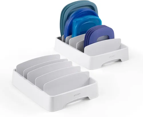 YouCopia StoraLid - Organizador de tapas ajustables para contenedores de alimentos para almacenamiento en gabinetes de cocina, pequeño, paquete de 2