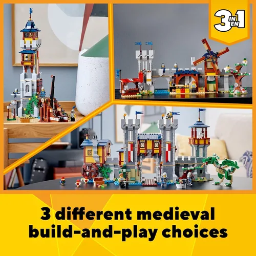 Miniatura 3 de LEGO Creator 3 en 1 - Juguete de castillo medieval que se transforma de castillo a torre en mercado, incluye figura de esqueleto y dragón, con 3