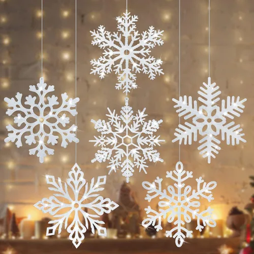 Adornos de copo de nieve con purpurina de 12 pulgadas, copos de nieve blancos grandes de plástico para árbol de Navidad de interior/exterior,