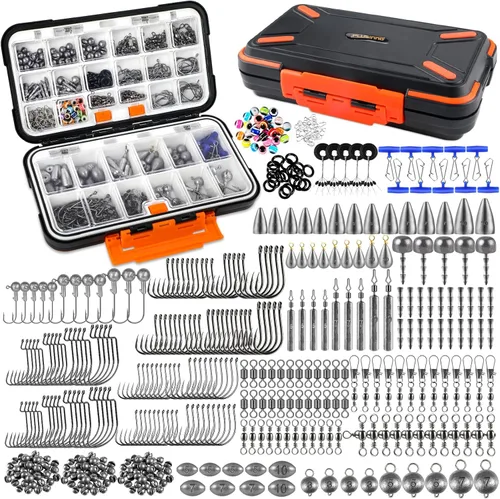 Miniatura 7 de PLUSINNO Kit de accesorios de pesca de 264/397 piezas, caja de aparejos de pesca organizada con aparejos incluidos, anzuelos de pesca, plomos de Kit