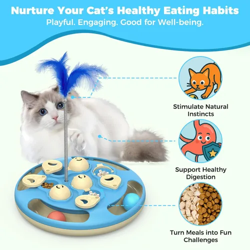 Miniatura 6 de Comedero de rompecabezas 3 en 1 para gatos, juguete interactivo de nivel 3 con bolas de pista, teaser de plumas e inserto de alimentador lento, base
