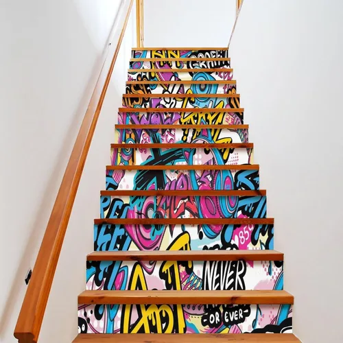 Miniatura 10 de Calcomanías modernas de grafiti en acuarela, calcomanías para escaleras para escaleras, abstracto, hip hop, ciudad, calle, pared, colorido, grafiti