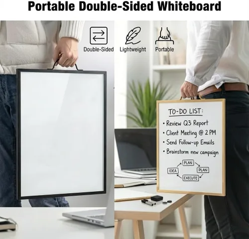 Miniatura 4 de Pizarra blanca pequeña de 12 x 16 pulgadas magnética de borrado en seco con asa Marco de aluminio negro Pizarra planificadora de doble cara
