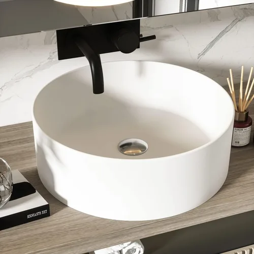 Cpingao Lavabo de Recipiente Redondo de Baño de 15.74 Pulgadas, Lavabo Circular Sobre Encimera de Piedra Mate Moderno Lavabo de Arte para Mueble de