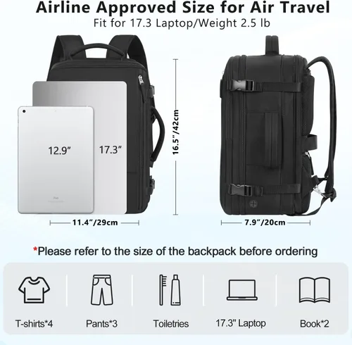 Miniatura 18 de Mochila de Viaje Snoffic para Mujer, Negro, 17 pulg.