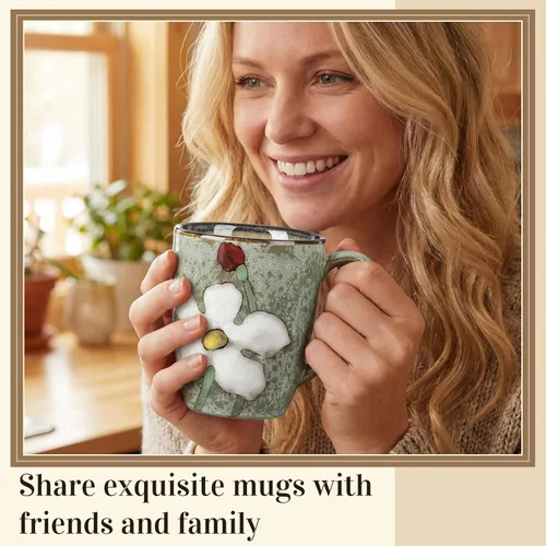 Miniatura 7 de Maxdot Juego de tazas de café de cerámica de 12 onzas, proceso de acristalamiento, taza de capuchino, tazas de té de cerámica floral, regalo