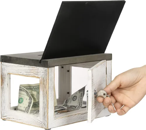 Miniatura 4 de MyGift Caja de tarros de puntas, caja de donación para iglesia, caja de sugerencias con panel acrílico transparente, cerradura, llave, pizarra