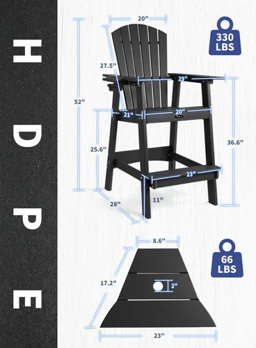 Miniatura 3 de FUNBERRY Juego de 2 sillas altas Adirondack con mesa de conexión extraíble, silla de balcón alta para todo tipo de clima con portavasos