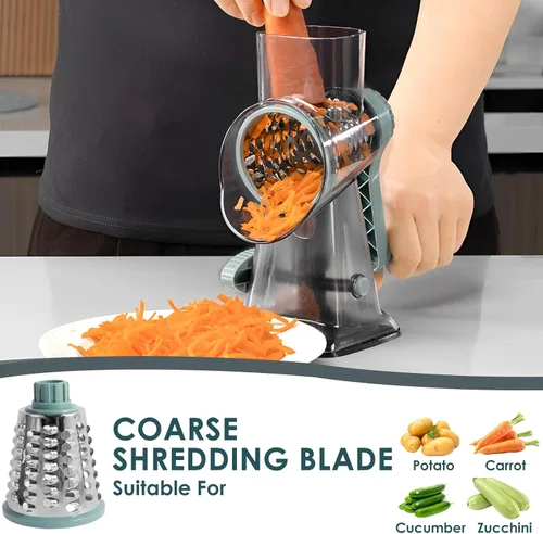 Miniatura 5 de Rallador de queso giratorio con asa, trituradora de 3 cuchillas de acero inoxidable, cortador manual de queso, ralladores de manivela para cocina