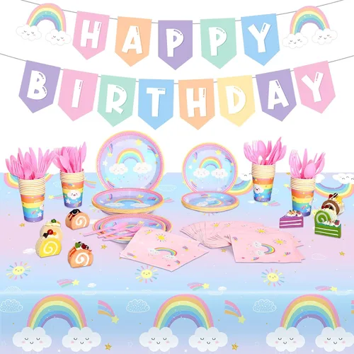 Miniatura 8 de Buryeah 212 piezas de decoración de cumpleaños arcoíris arco iris, suministros para fiesta, incluye pancarta de feliz cumpleaños, platos de papel