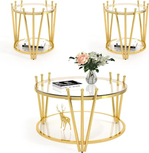 Miniatura 9 de Mesa de centro redonda de cristal dorado de 31.5 pulgadas para sala de estar, diseño moderno de corona de acero inoxidable, mesa de centro pequeña