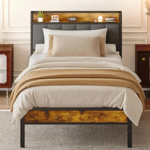 Gizoon Cama de plataforma de metal individual, marco de cama con cabecera de madera tapizada, sin ruido, no necesita somier, con almacenamiento