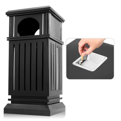 Miniatura 8 de BEAMNOVA Cubo de basura negro para exteriores, bandeja superior de acero inoxidable con tapa de bloqueo, contenedor de basura industrial resistente