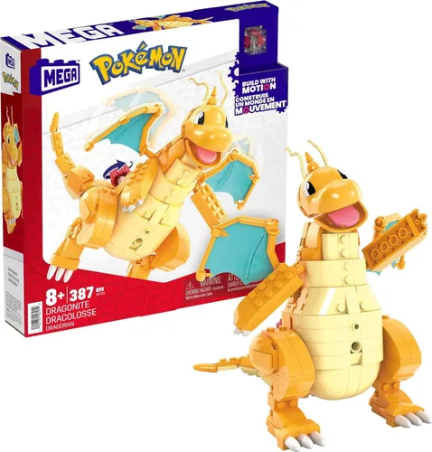 MEGA Figura de acción de Pokémon Juguetes de construcción para niños, Dragonite con 388 piezas y movimiento de aleteo de alas, Idea de regalo para