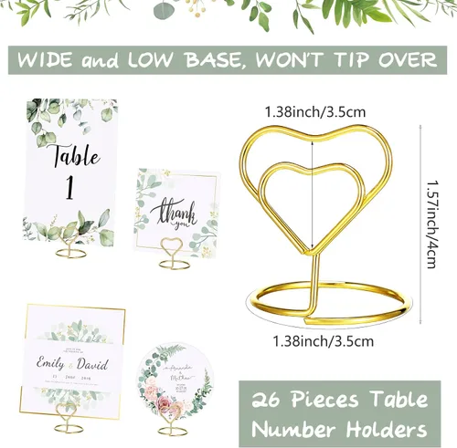 Miniatura 3 de Spakon 52 piezas de números de mesa de boda 1-25 y 1 tarjeta de cabeza con 26 soportes dorados de números de mesa de corazón para boda, cumpleaños
