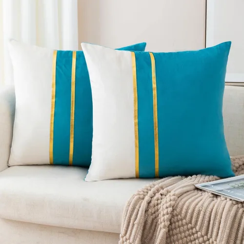 Miniatura 20 de ZLINA Juego de 2 fundas de almohada decorativas de terciopelo verde aguamarina y blanco con parches y cuero dorado de 16 × 16 pulgadas, fundas