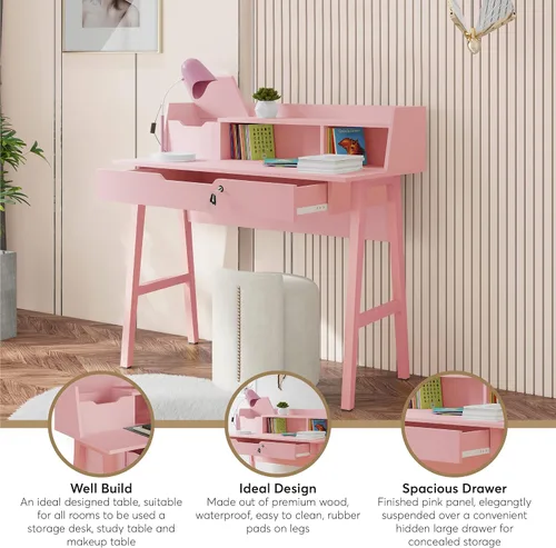 Miniatura 4 de Crafts and Comfort - Escritorio Pequeño Roma de Diseño Moderno para Dormitorio, Escritorio de Escritura Rosa de 40 Pulgadas con Estante Superior