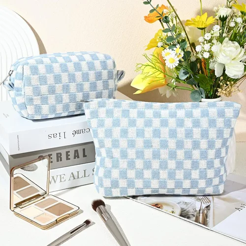 Miniatura 2 de SOIDRAM 2 Piezas Bolsa de Maquillaje Grande, Bolsa de Cosméticos a Cuadros de Gran Capacidad, Bolsa de Lona Mixta para Viaje, Bolsa Organizadora