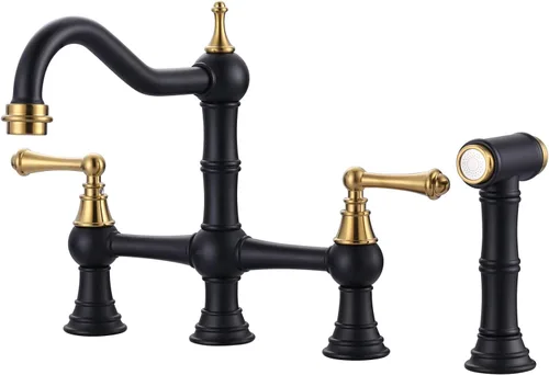 Miniatura 20 de Grifo de Cocina de Puente con Rociador Lateral, WOWOW Grifo de Cocina de Latón Macizo para Fregadero de 4 Agujeros Bronce Antiguo Grifo de Fregadero