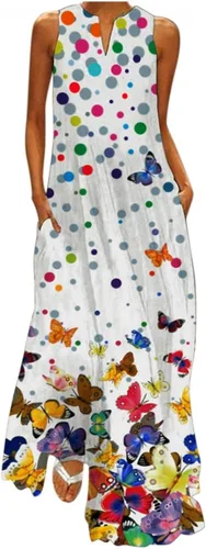 Vestido de verano 2022 para mujer, bohemio, sin mangas, con cuello en V, dobladillo largo, elegante, vestido casual de cóctel con bolsillo,