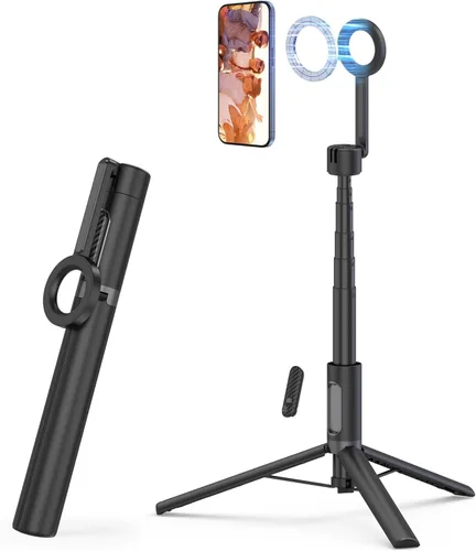 SEAJIC Trípode magnético para teléfono con palo selfie de 64" para iPhone con control remoto y anillo de metal, trípode de viaje automático