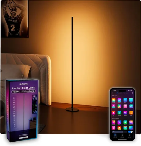 Lámpara de pie Aura RGBICW, iluminación ambiental LED de esquina con control por aplicación y voz con sincronización de música, 1000 lúmenes, 4 mil
