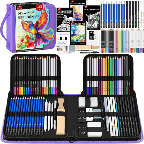 Miniatura 14 de Kit de bocetos de 106 piezas de suministros de arte, lápices de dibujo profesional con cuaderno de bocetos de 3 colores, libro para colorear, Negro