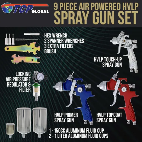 Miniatura 2 de TCP Global. 3 pistolas de pulverización HVLP con frascos, regulador de aire y kit de mantenimiento para todas las pinturas, imprimaciones