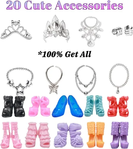 Miniatura 6 de Juego de armario de muñeca de 38 piezas, 8 trajes de lentejuelas con purpurina, 10 mini vestidos, 10 zapatos, 10 joyas, se adapta a muñecas de 11.5