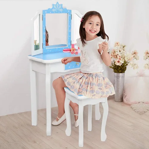 Miniatura 9 de Juego de tocador rosa para niños, juego de mesa y silla de maquillaje de madera para niñas pequeñas, tocador de princesa para niños, tocador