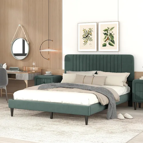 Miniatura 3 de SOFTSEA Marco de cama Queen con cabecero y patas, plataforma de terciopelo tamaño Queen, marco de cama, muebles de dormitorio