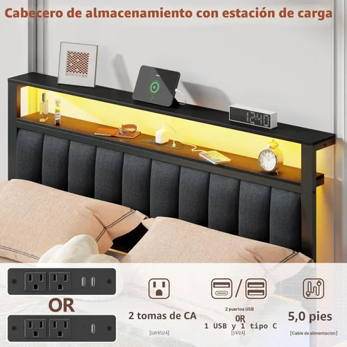 Miniatura 9 de Furnulem Base de cama Queen con estación de carga y luces LED, cabecera tapizada gris con estantes, cama de plataforma de metal con 2 almacenamiento