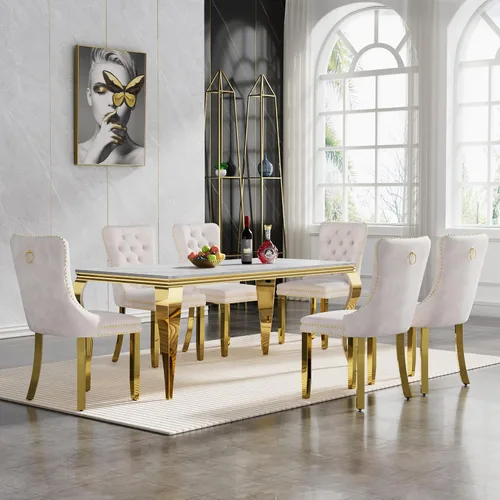 Miniatura 14 de Juego de mesa de comedor de 7 piezas con sillas, mesa de comedor de mármol sintético y sillas beige para 6, juego de mesa de comedor de oro blanco