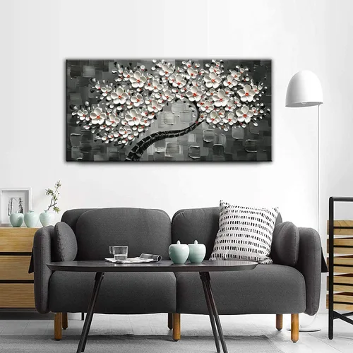 Miniatura 5 de Tyed Art -24x48 pulgadas Flores Arte Contemporáneo Pintura al óleo Flores Blancas Abstractas Pinturas de Árbol 100% Pintado a Mano 3D Arte Abstracto