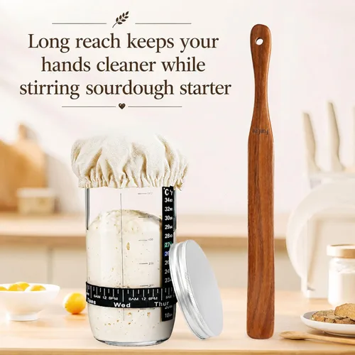 Miniatura 4 de Paquete de 2 Spurtle de madera para masa madre, mezcla, alcanzar el fondo del frasco, batidor de masa, espátula de frasco de mango largo