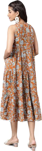Miniatura 7 de Janasya Vestido escalonado con estampado floral digital de musgo marrón para mujer