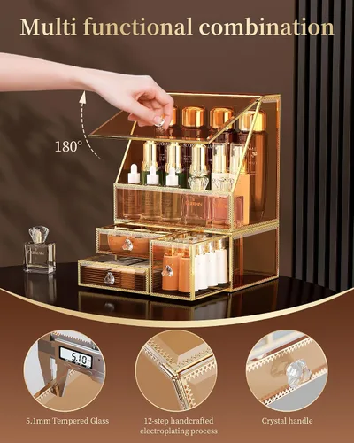 Miniatura 3 de CoralHouse Organizador de maquillaje, organizador de maquillaje ámbar con cajón, soporte para el cuidado de la piel para encimera de baño, vitrina