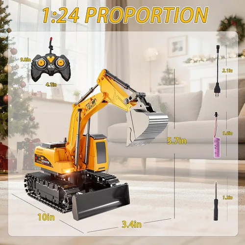 Miniatura 6 de Excavadora de control remoto para niños de 4 a 7 años, excavadora RC para niños, camiones de construcción de 27 MHz, vehículos de juguetes