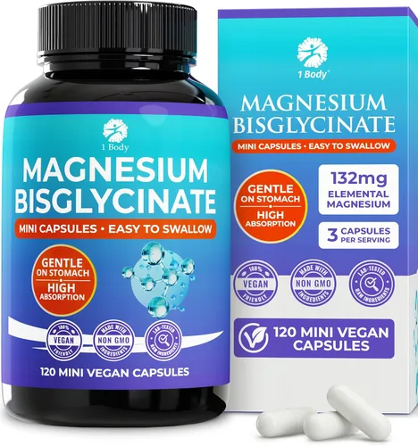 1 Body Cápsulas de bisglicinato de magnesio – Suplemento de magnesio quelado para apoyo al sueño, calambres musculares y relajación – Fórmula de
