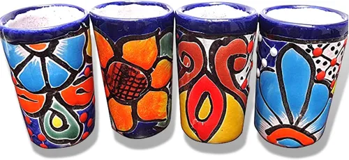 Miniatura 15 de Juego de 4 vasos de chupito Talavera auténticos mexicanos para tequila - Pintados a mano - 2 Oz (Flores naranjas)