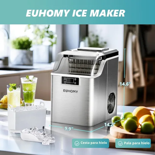 Miniatura 7 de EUHOMY Máquina para hacer cubitos de hielo de encimera, 2 maneras de añadir agua, 45 libras/día, 24 piezas listas en 13 minutos, compacta portátil