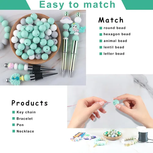 Miniatura 5 de Sunrony 70 cuentas de silicona para hacer collares, cuentas redondas de silicona a granel de 0.59 pulgadas para bolígrafos (verde menta)