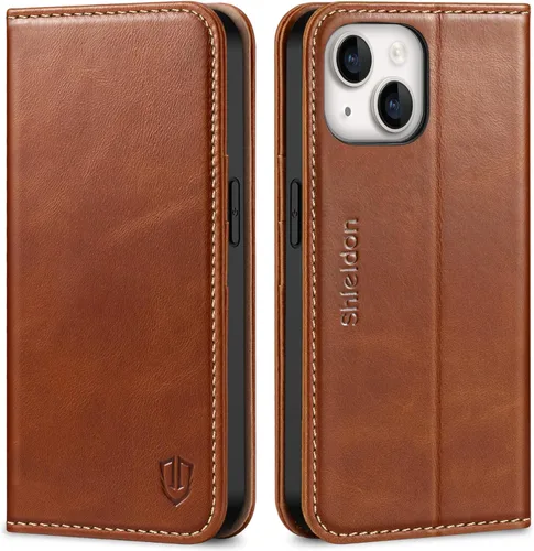 Miniatura 12 de SHIELDON Funda para iPhone 14 de 6.1", Funda tipo cartera de cuero genuino [Cierre magnético] [Ranuras para tarjetas con bloqueo RFID] [Soporte]