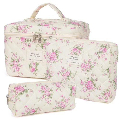 Miniatura 16 de Bolsa de maquillaje, bolsas de cosméticos acolchadas, bolsas de maquillaje florales grandes para mujeres, organizador de maquillaje, bolsa de aseo