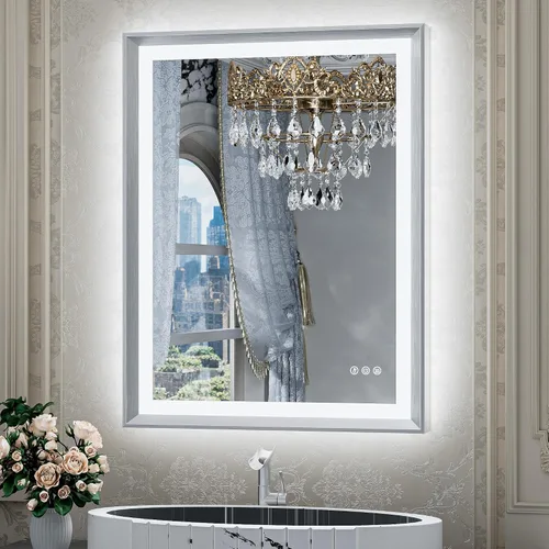 Miniatura 9 de TETOTE Espejo LED dorado para baño, marco de metal de 20 x 28 pulgadas, espejo de tocador iluminado frontal y retroiluminado, barroco, antiniebla