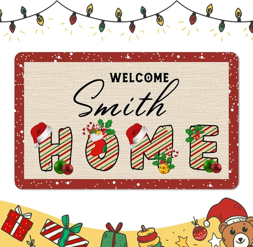 Tapete personalizado de bienvenida de Navidad para entrada al aire libre con nombre, tapete de puerta de Navidad personalizado para Navidad, tapete