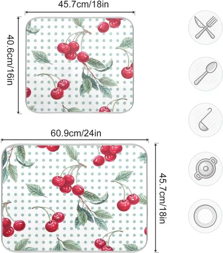 Miniatura 3 de Tapete de secado de platos con diseño de lunares de cereza y acuarela, para encimeras de cocina, fregaderos, tapete de secado absorbente resistente